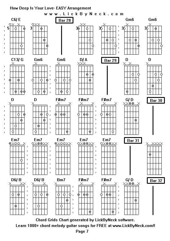 Chord Grids Chart of chord melody fingerstyle guitar song-How Deep Is Your Love- EASY Arrangement,generated by LickByNeck software.